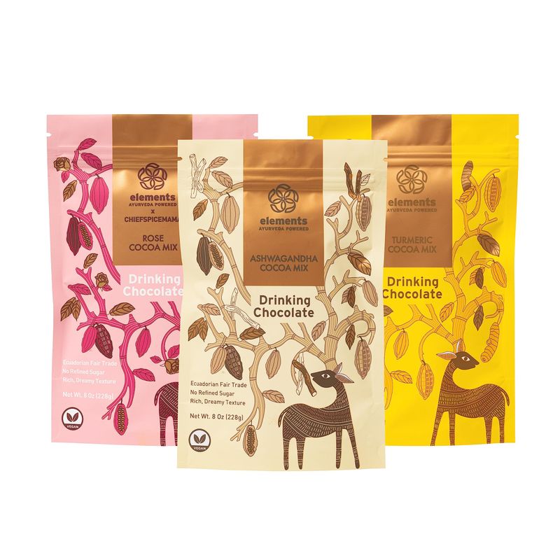 Elements Truffle Dark Hot Chocolate Variety 3 Pack- Ashwagandha, Rose &amp; Turmeric- Heavy Metal Tested- Raw, Vegan, Ethically Sourced, Plant Based- Ayurveda Inspired -8 oz Pack of 3