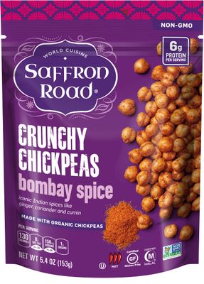 Saffron Road Organic Bombay Spice Crunchy Roasted Chickpea Snacks- 5.4oz 6-pack, Gluten Free, Non-GMO, Vegan Dried Crispy Chickpeas with Protein, Fiber
