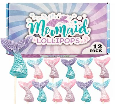 Mermaid Candy Lollipops - 12 Suckers Individually Wrapped - Great for Mermaid Party Favors - Goodie Bags for Kids Birthday - Candy Bar - Pretty Mermaid Tails Cupcake Toppers