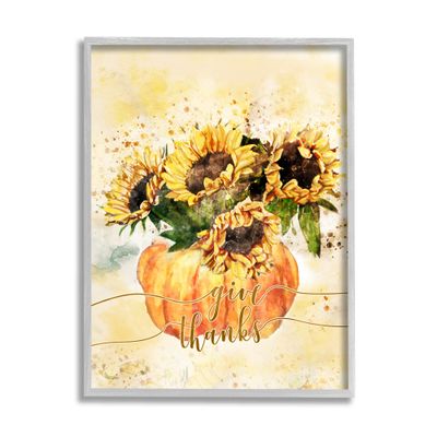 Stupell Industries Give Thanks Phrase Orange Pumpkin Sunflower Floral Burst Grey Framed Wall Art, 11 x 14, Yellow