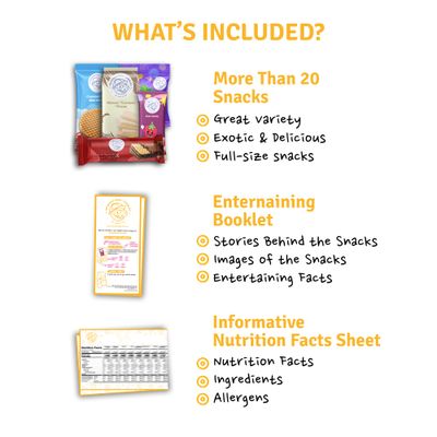 Maxi International Snack Box | Premium Exotic Foreign Snacks | Unique Snack Food Gifts Included | Saffran Yellow Theme | Candies from Around the World | 20 Full-Size + 1 Bonus Snacks
