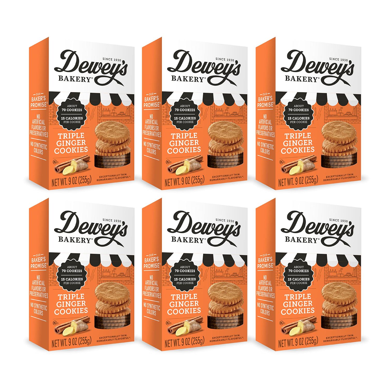 Deweys Bakery Triple Ginger Moravian Style Cookie Thins | No Artificial Flavors, Synthetic Colors or Preservatives | Baked in Small Batches | 9 oz (Pack of 6)
