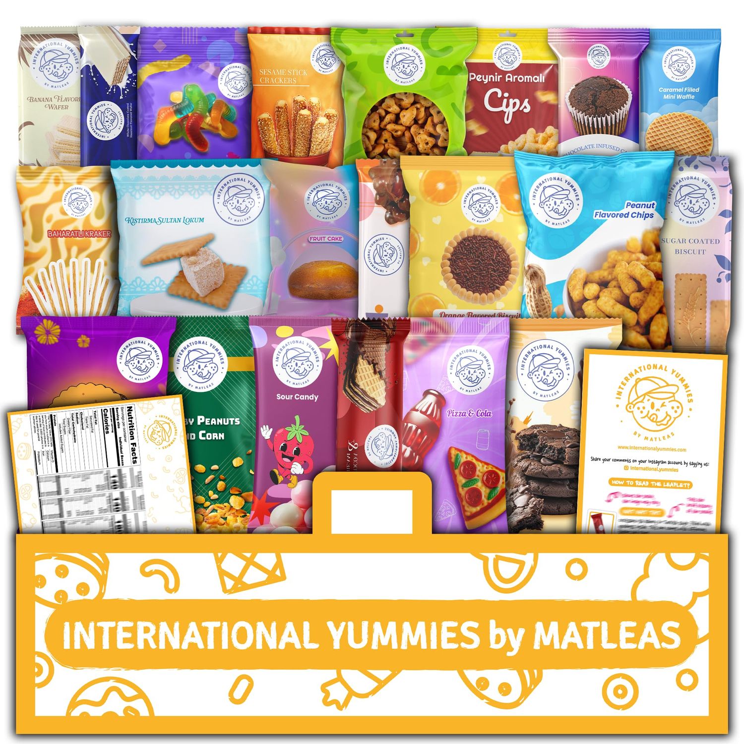 Maxi International Snack Box | Premium Exotic Foreign Snacks | Unique Snack Food Gifts Included | Saffran Yellow Theme | Candies from Around the World | 20 Full-Size + 1 Bonus Snacks