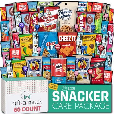 Gift A Snack - Valentines Snack Box Variety Pack Care Package + Greeting Card (60 Count) Birthday Sweet Treats Gift Basket Candies Chips Crackers Bars Corporate Gifts