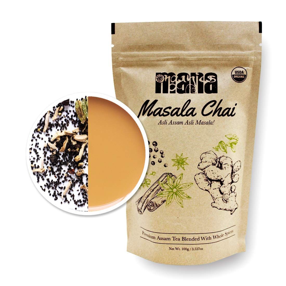 Organic Masala Chai Tea by Mana Organics - Made with Whole Spices: Cinnamon, Cardamom, Cloves, Pepper, Staranise &amp; Ginger blended with Black Tea