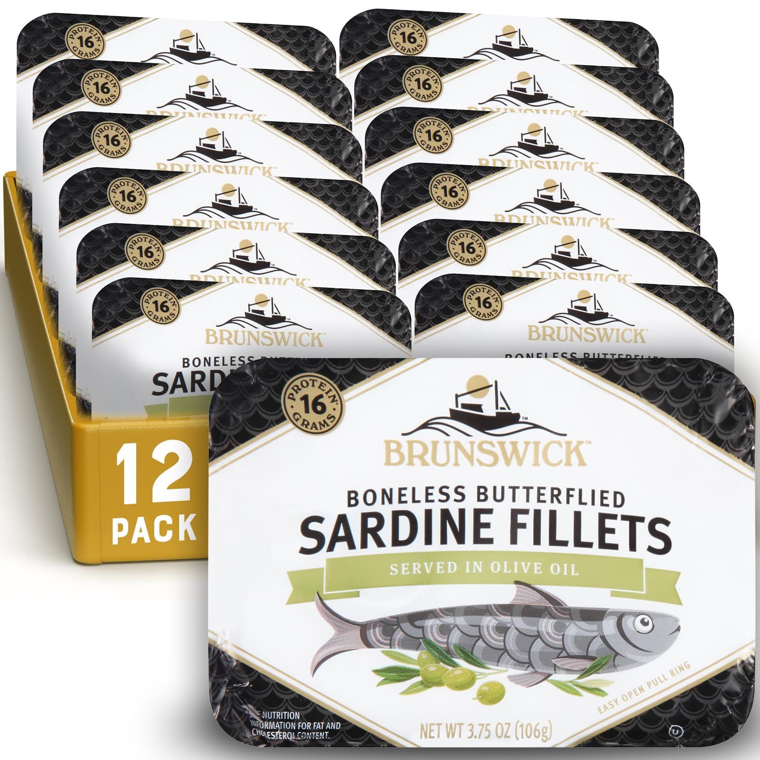 Brunswick Sardines in Olive Oil, 3.75 oz Can (Pack of 12) - Wild Caught Sardines - 16g Protein per Serving - Gluten Free, Keto Friendly - Great for Pasta &amp; Seafood Recipes