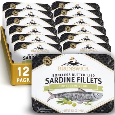 Brunswick Sardines in Olive Oil, 3.75 oz Can (Pack of 12) - Wild Caught Sardines - 16g Protein per Serving - Gluten Free, Keto Friendly - Great for Pasta &amp; Seafood Recipes