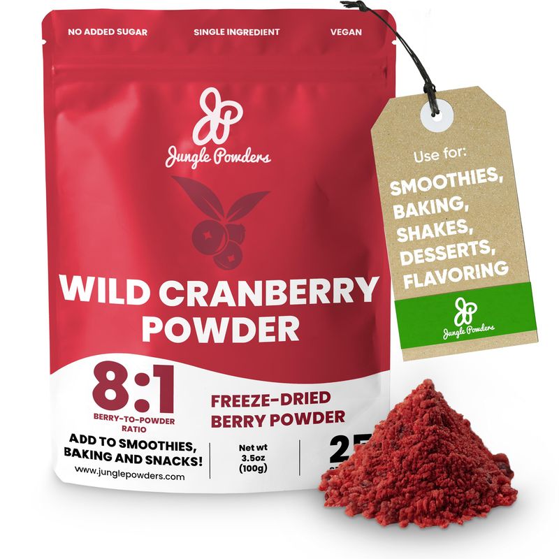 Jungle Powders Wild Cranberry Powder 3.5 Ounce Bag Natural Freeze Dried Cranberries Powdered Cranberry Supplement Freeze Dried Whole Cranberry Extract for Baking Flavoring Dried Fruit No Sugar Added