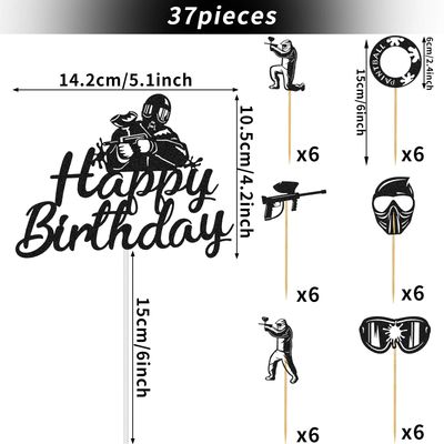 37 Pieces PaintBall Cupcake Toppers Happy Birthday Silhouette Cake Topper PaintBall Theme Glitter Cupcake Topper PaintBall Handmade Cake Topper for Birthday Party Baby Shower Cake Decor (Black)