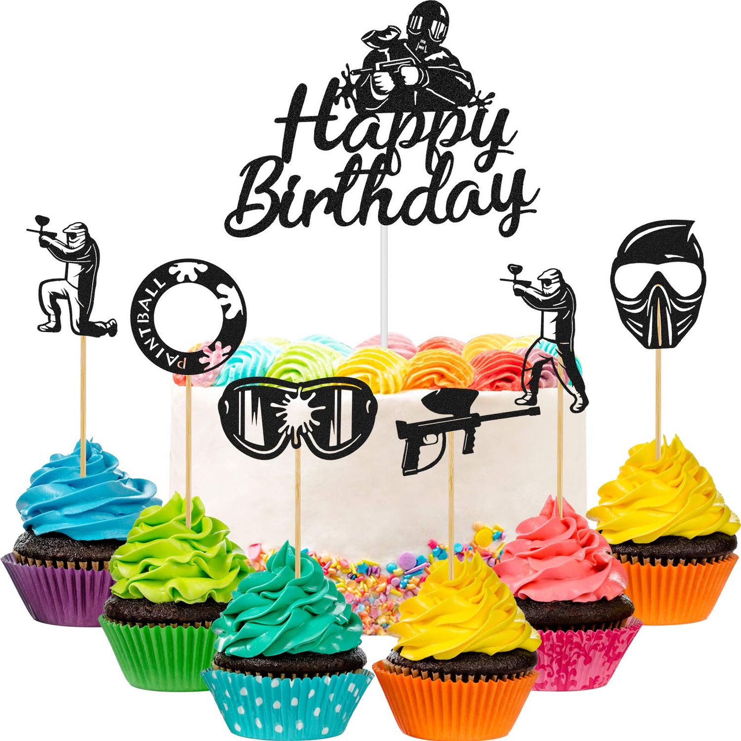 37 Pieces PaintBall Cupcake Toppers Happy Birthday Silhouette Cake Topper PaintBall Theme Glitter Cupcake Topper PaintBall Handmade Cake Topper for Birthday Party Baby Shower Cake Decor (Black)