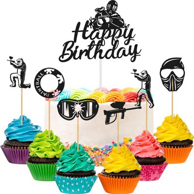 37 Pieces PaintBall Cupcake Toppers Happy Birthday Silhouette Cake Topper PaintBall Theme Glitter Cupcake Topper PaintBall Handmade Cake Topper for Birthday Party Baby Shower Cake Decor (Black)