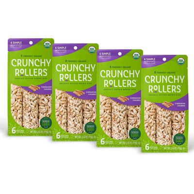 Friendly Grains - Crunchy Rollers - Organic Rice Snacks, Crispy Puffed Rice Rolls, Healthy Snack Rolls for Adults and Kids - Cinnamon Churro - (4 Packs of 6)