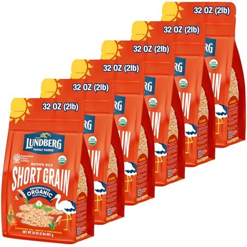 Lundberg Short Grain Brown Rice, Regenerative Organic Certified, 6-Pack - Slightly Nutty, Sticky Rice Responsibly Grown in California, 32 Oz Ea
