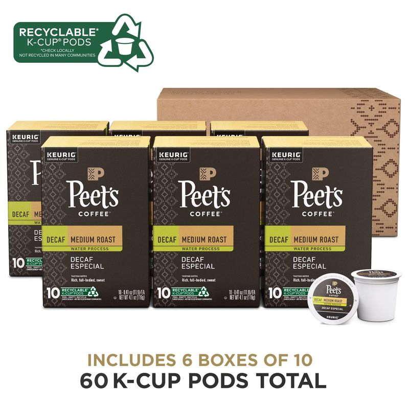 Peet's Coffee, Dark Roast Decaf Keurig K-Cup Pods - Decaf Especial 60 Count (6 Boxes of 10 K-Cup Pods)