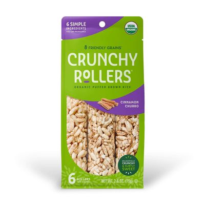 Friendly Grains - Crunchy Rollers - Organic Rice Snacks, Crispy Puffed Rice Rolls, Healthy Snack Rolls for Adults and Kids - Cinnamon Churro - (4 Packs of 6)