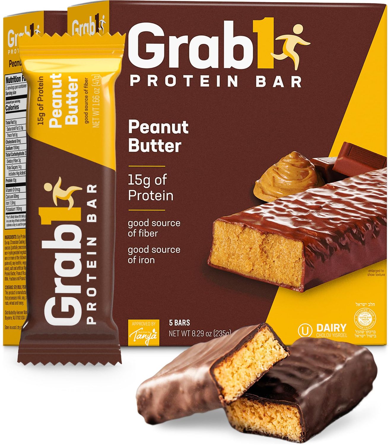 Grab1 Peanut Butter Protein Bars | 15 Grams Protein (2 Pack - 10 Bars) Controls Hunger | Certified Kosher | Low Calorie | Perfect for Snacking | Nutritious Meal Replacement