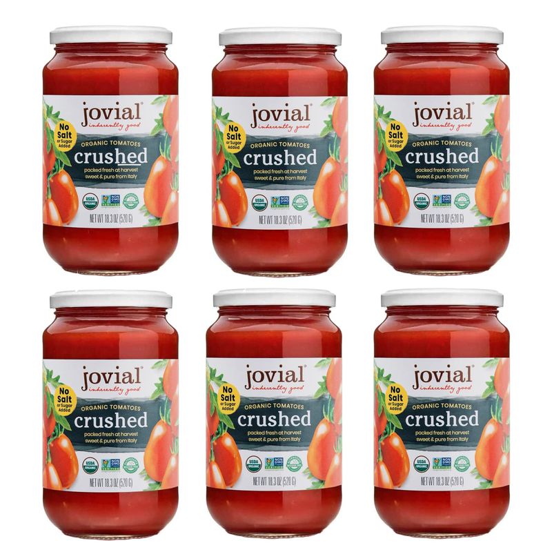 Jovial Crushed Tomatoes - Organic Tomatoes, Non-GMO, USDA Certified Organic, No Additives, BPA-Free, No Added Sugar, No Salt Added, Recyclable Glass, Made in Italy - 18.3 Oz, 6 Pack