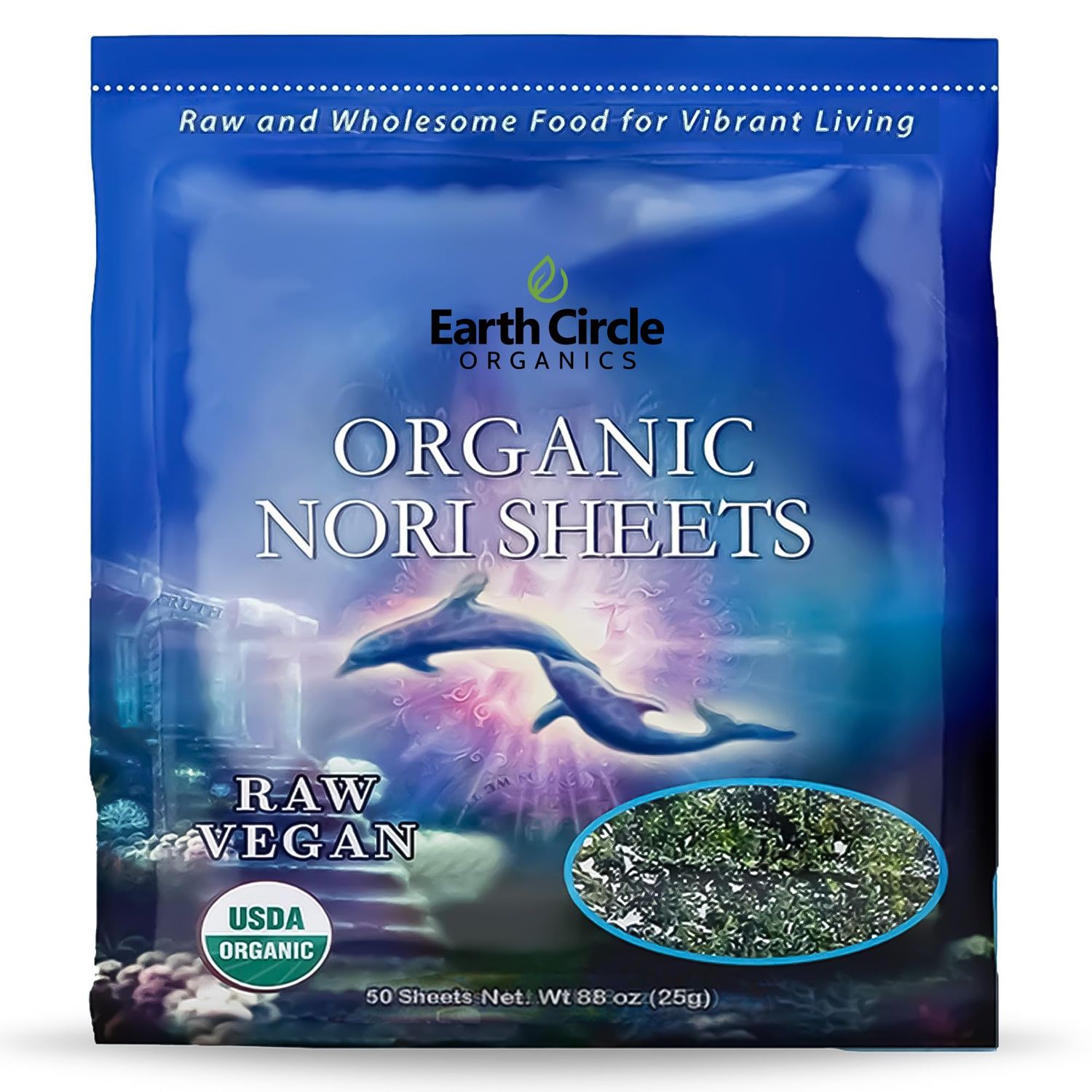 Earth Circle Organics | Raw Certified Organic Nori Seaweed | Grade A Rating | Unheated &amp; Not Roasted | Vegan | Paleo &amp; Keto Friendly | Premium Quality Nori Sheets (50 Sheet)