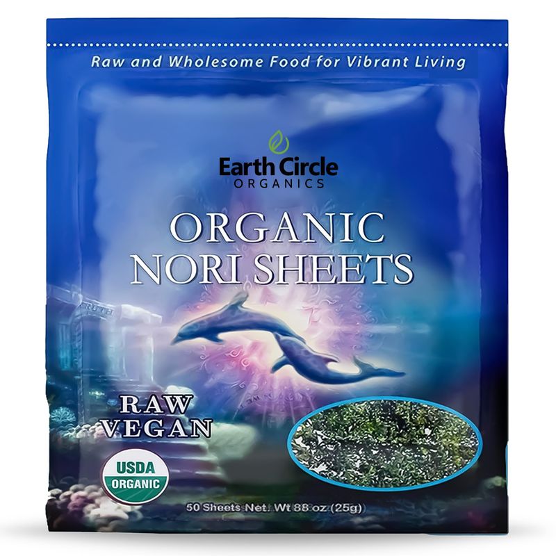 Earth Circle Organics | Raw Certified Organic Nori Seaweed | Grade A Rating | Unheated &amp; Not Roasted | Vegan | Paleo &amp; Keto Friendly | Premium Quality Nori Sheets (50 Sheet)
