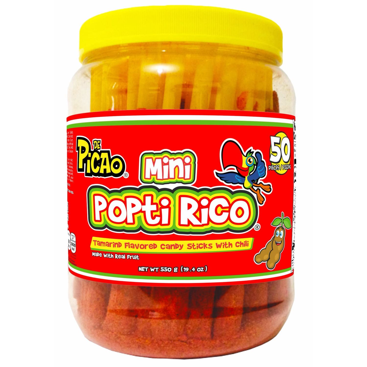 PICAO Mexican Candy Tamarind Paste Candy Spicy Sticks Straw Chili Powder Mini Poptirico Vitrolero 50Ct./550g. Dulce de Tamarindo Mexicano Con Chile en Popote con Polvo Delicioso con 50Pieza/550g.