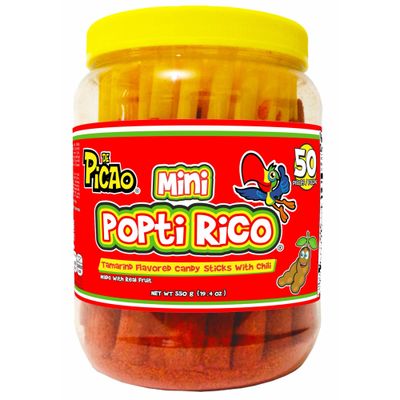 PICAO Mexican Candy Tamarind Paste Candy Spicy Sticks Straw Chili Powder Mini Poptirico Vitrolero 50Ct./550g. Dulce de Tamarindo Mexicano Con Chile en Popote con Polvo Delicioso con 50Pieza/550g.