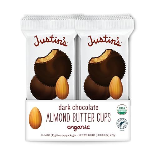 Justin&#39;s Organic Almond Butter Cups, Dark Chocolate, Rainforest Alliance Certified Cocoa, Gluten-free, Responsibly Sourced, 1.4 Ounce (Pack of 12)