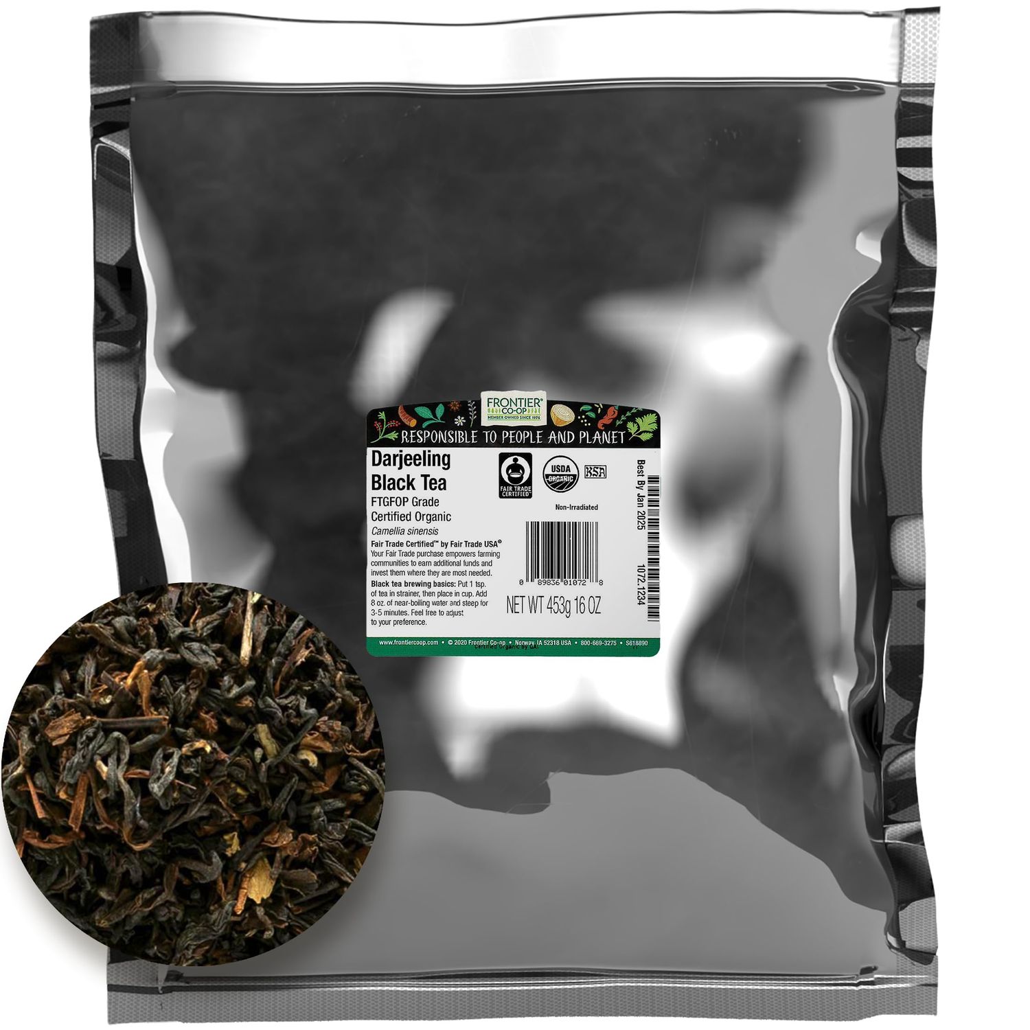 Frontier Co-op Organic Darjeeling Black Tea, 1-pound Bulk Bag, Highest Grade Orange Pekoe Leaves, Kosher, Fair Trade