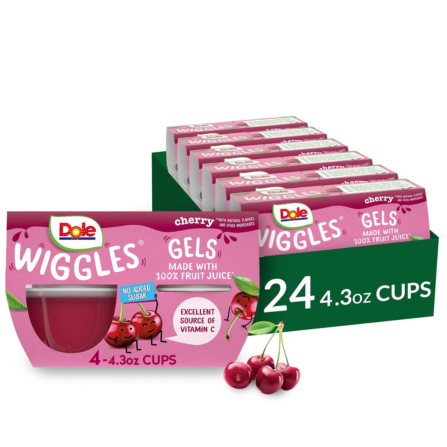 Dole Wiggles No Sugar Added Cherry Fruit Juice Gel Snacks, 4.3oz 24 Total Cups, Gluten &amp; Dairy Free, Bulk Lunch Snacks for Kids &amp; Adults