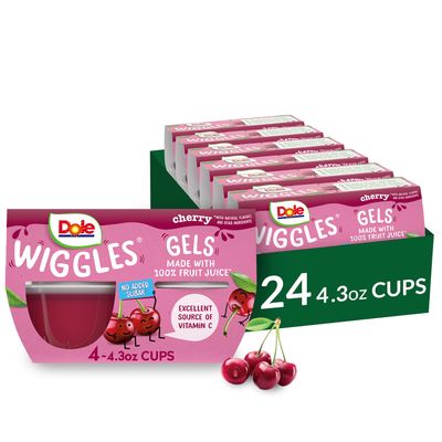 Dole Wiggles No Sugar Added Cherry Fruit Juice Gel Snacks, 4.3oz 24 Total Cups, Gluten &amp; Dairy Free, Bulk Lunch Snacks for Kids &amp; Adults