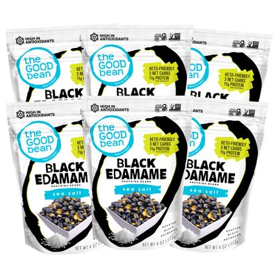 The Good Bean Black Edamame Snacking Beans - Sea Salt - (6 Pack) 4 oz Resealable Bag - Roasted Black Soybeans - Keto-Friendly Snack with Good Source of Plant Protein and Antioxidants