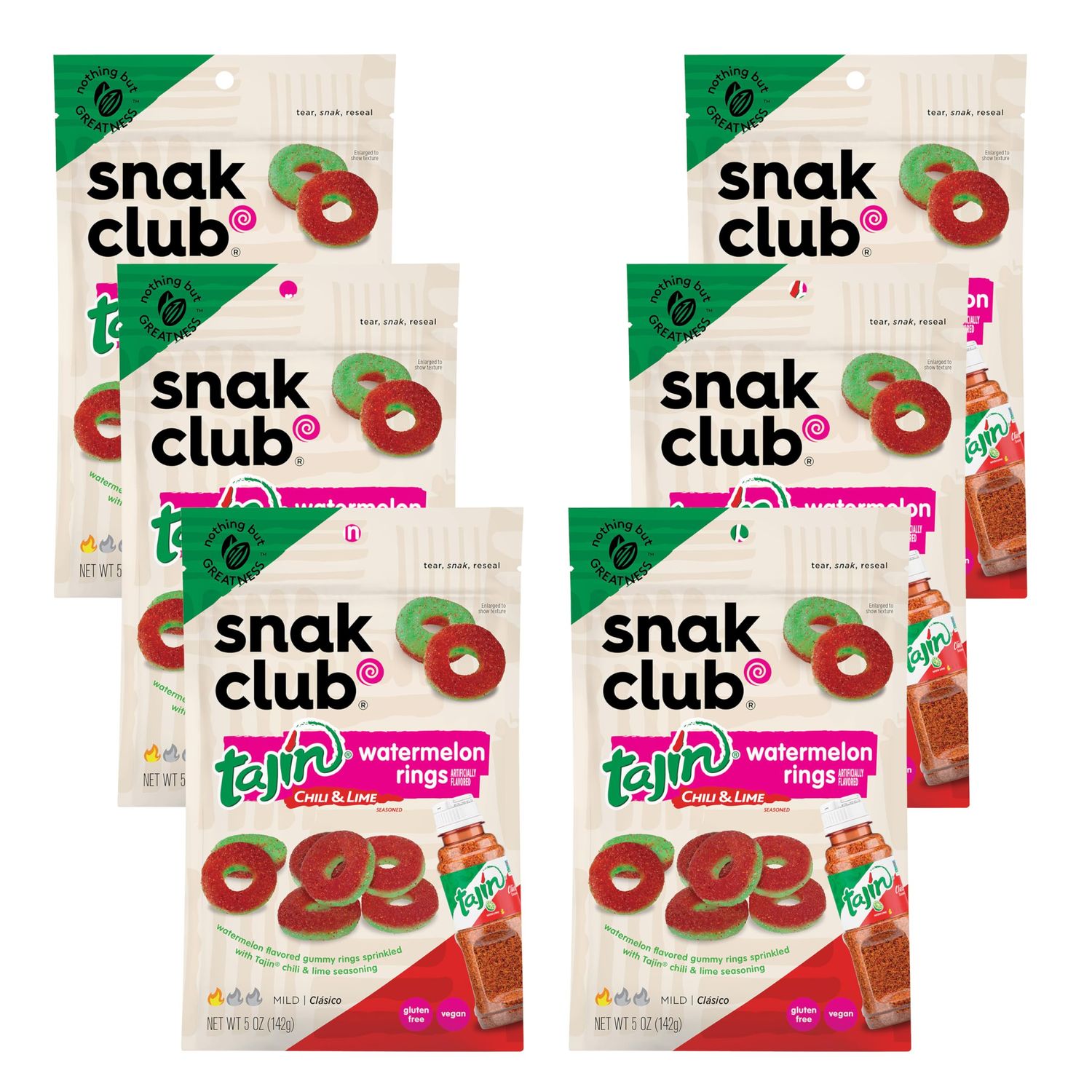 Snak Club Tajin Watermelon Rings Gummy Candy, Fruit Candy Gummies with Chili and Lime Seasoning, Mild, Gluten-Free and Vegan Snacks, 5 oz Resealable Bags, 6 Pack