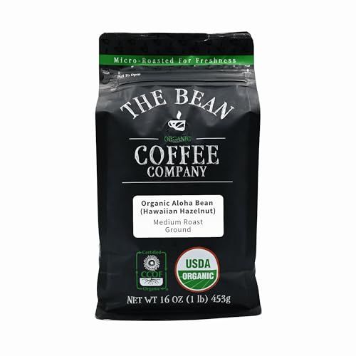 The Bean Organic Coffee Company Aloha Bean (Hawaiian Hazelnut), Medium Roast, Ground Coffee, 16-Ounce Bag,Caf molido tostado organico