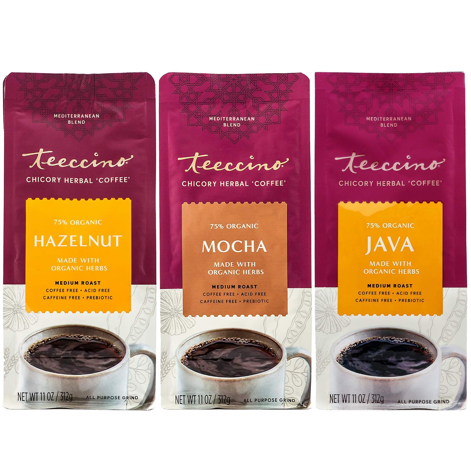 Teeccino Herbal Coffee Variety Pack - Hazelnut, Mocha and Java - Ground Herbal Coffee Thats Prebiotic, Caffeine-Free &amp; Acid Free, Dark Roast, 11 Ounce (Pack of 3)