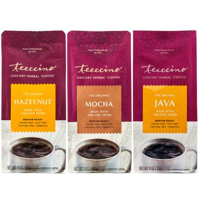 Teeccino Herbal Coffee Variety Pack - Hazelnut, Mocha and Java - Ground Herbal Coffee Thats Prebiotic, Caffeine-Free &amp; Acid Free, Dark Roast, 11 Ounce (Pack of 3)