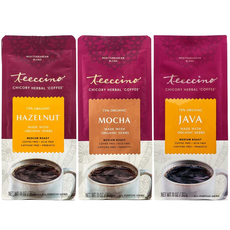 Teeccino Herbal Coffee Variety Pack - Hazelnut, Mocha and Java - Ground Herbal Coffee Thats Prebiotic, Caffeine-Free &amp; Acid Free, Dark Roast, 11 Ounce (Pack of 3)