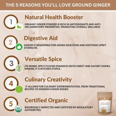 SPICY ORGANIC Ginger Root Powder - 16 oz. - Freshly Ground from Raw, Indian Ginger, Dried Spice for Baking, Beverages and Cooking - 100% Pure, USDA Certified Organic Ginger - Non-GMO & Kosher
