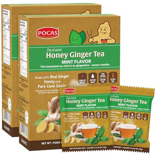 Pocas Honey Ginger Tea - Instant Tea Powder Packets with Mint &amp; Ginger Honey Crystals Tea, Non-GMO/Gluten Free/Caffeine Free Tea, 20 Count (Pack of 2)