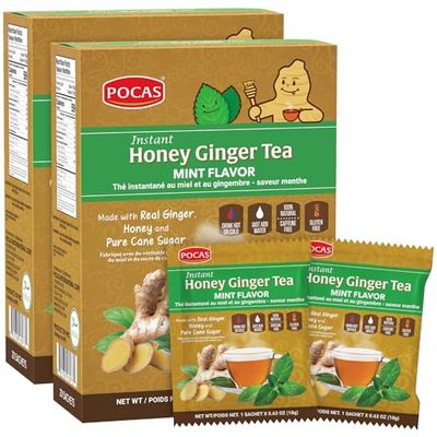 Pocas Honey Ginger Tea - Instant Tea Powder Packets with Mint &amp; Ginger Honey Crystals Tea, Non-GMO/Gluten Free/Caffeine Free Tea, 20 Count (Pack of 2)