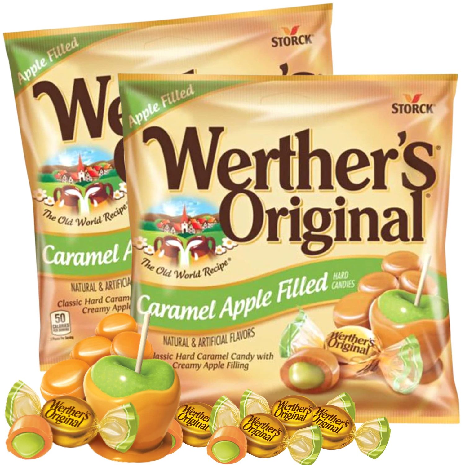 Hard Caramel Candy with Apple Filled Center, Individually Wrapped Shareable Candies, Gourmet Caramels