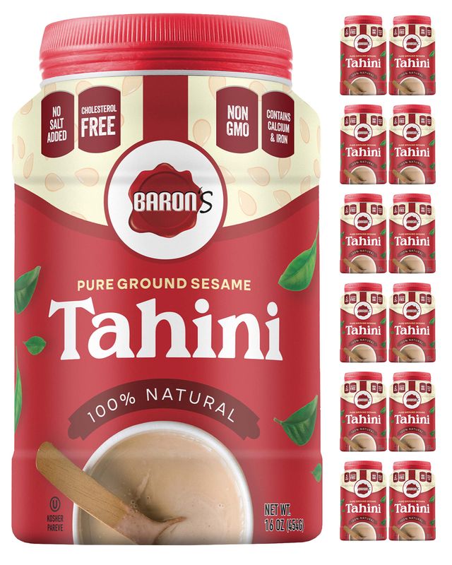Baron&#39;s Pure Tahini Sesame Paste | Rich Creamy Spread for Hummus, Dips, Sauces | 12 x 16 oz Jars | Kosher, Vegan, Keto friendly, Non-GMO, Gluten-Free, No Peanuts | All-natural Ground Seeds Tahina