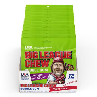 Big League Chew Swingin&#39; Sour Apple Bubble Gum - Tart &amp; Tangy Apple Flavor Burst | Ideal for Baseball Games, Teams, Concessions, Parties, and More | Pack of 12 Bags (2.12oz Each)