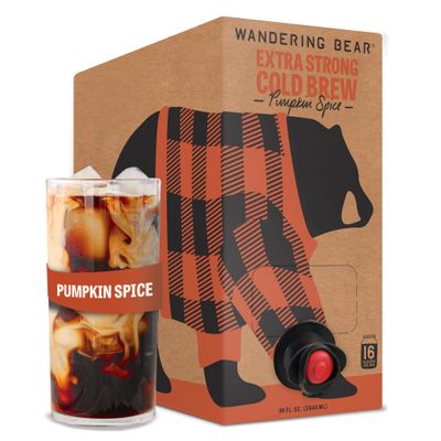 Wandering Bear Pumpkin Spice Cold Brew Coffee On Tap, Iced Coffee, 96 fl oz - Extra Strong, Smooth, Unsweetened, Shelf-Stable, Ready to Drink Pumpkin Spice Coffee
