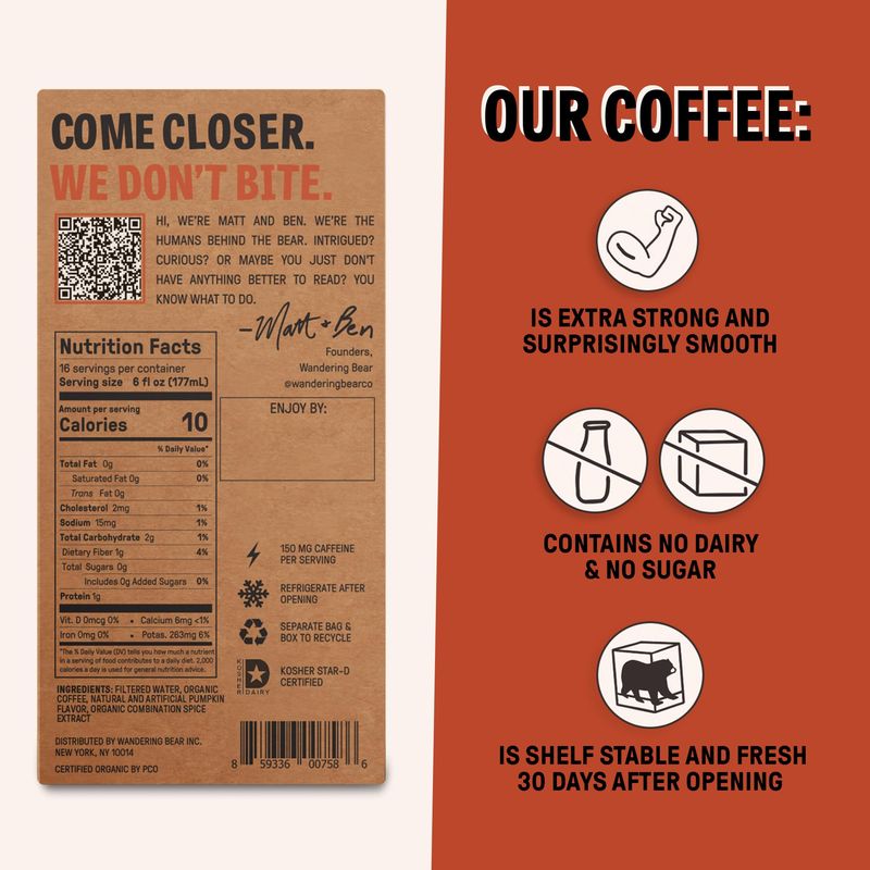Wandering Bear Pumpkin Spice Cold Brew Coffee On Tap, Iced Coffee, 96 fl oz - Extra Strong, Smooth, Unsweetened, Shelf-Stable, Ready to Drink Pumpkin Spice Coffee
