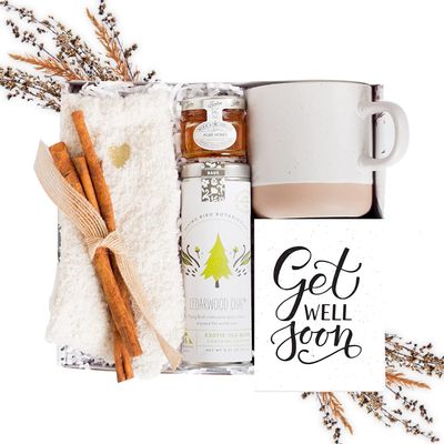 Unboxme Get Well Soon Comforting Gift Basket for Women - Soothing Self Care Box with Fluffy Socks, Ceramic Mug, Chai Tea, Honey &amp; Cinnamon for Mom, Sister, Friends and Coworkers