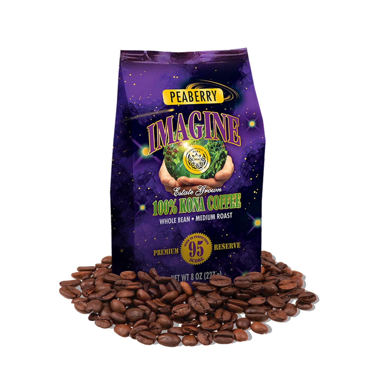 Imagine Kona Peaberry Rare Coffee Beans | Top Grade Air Roasted | Medium Dark Roast - 8 ounce