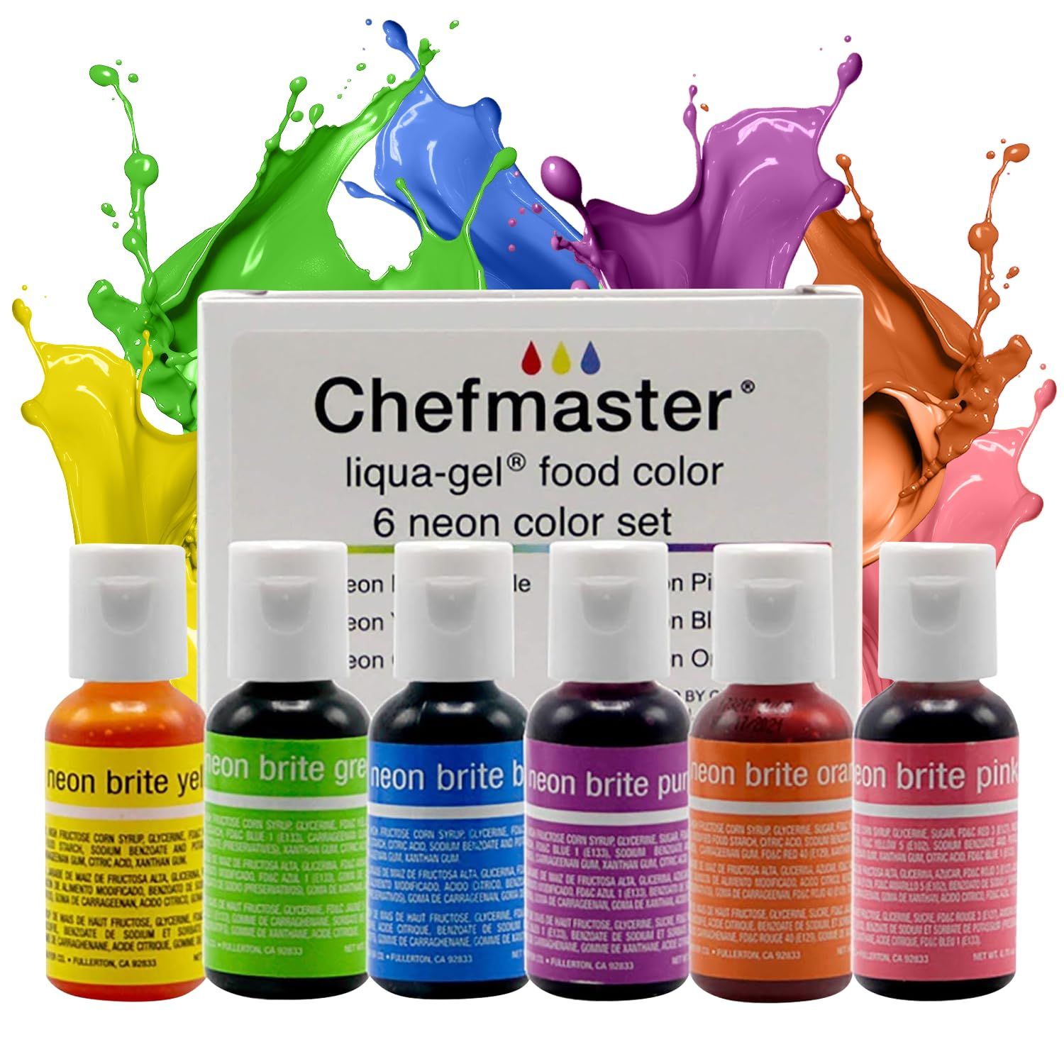 Chefmaster - Neon Liqua-Gel Food Coloring - Fade Resistant - 6 Pack of 20ml Bottles - Stunning Vivid Colors with Lightweight and Easy-To-Blend Formula