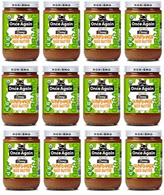 Once Again Organic Creamy Sunflower Butter, 16oz - Salt Free, Unsweetened - Peanut Free, USDA Organic, Gluten Free Certified, Vegan, Kosher - Glass Jar - Case of 12