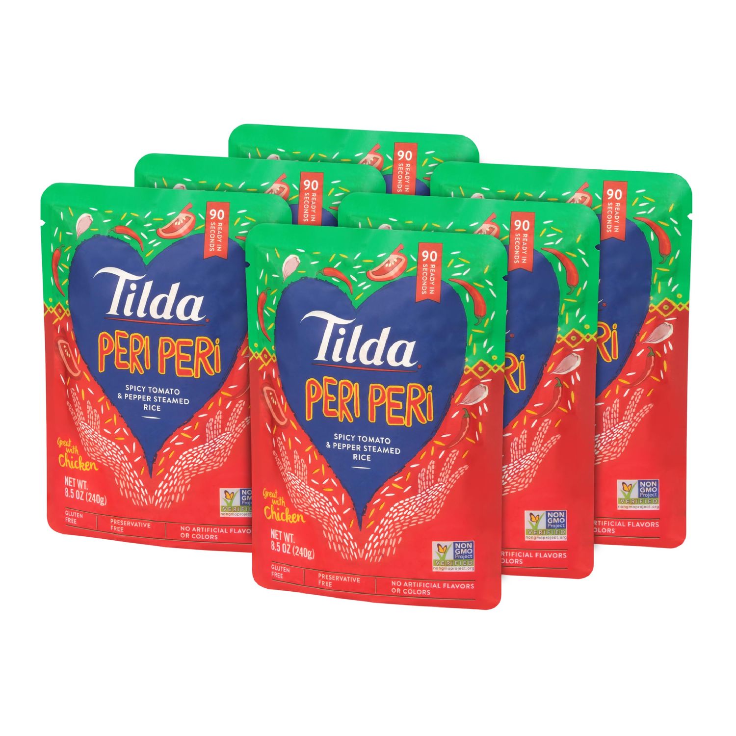 Tilda Ready To Heat Peri Peri Rice, No Artificial Colors, Flavors or Preservatives, Vegan &amp; Vegetarian Friendly, Gluten Free &amp; Non-GMO, 8.5 Ounce (Pack of 6)