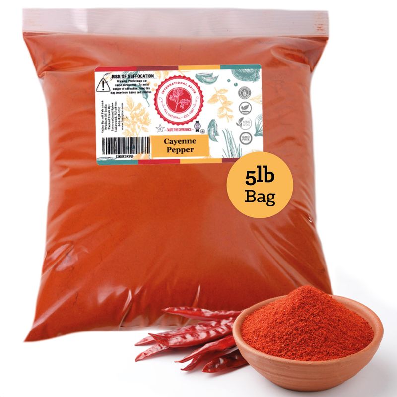 Cayenne Pepper by International Spice, Red Cayenne Pepper Seasoning Powder, Essential Gourmet Kitchen Spice, Bulk, 5 lb. Bag