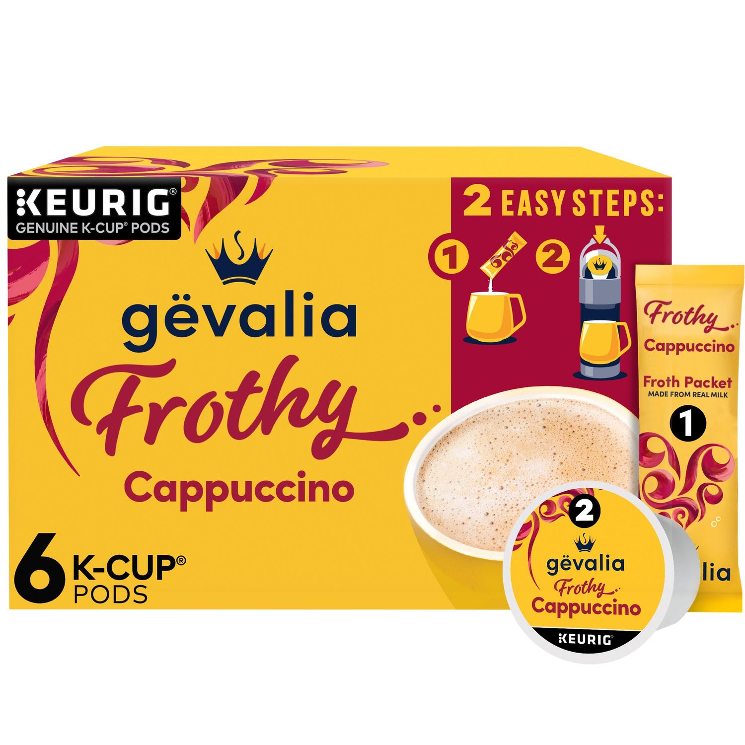 Gevalia Frothy 2-Step Artificially Flavored Cappuccino Espresso Style KCup Coffee Pods &amp; Froth Packets Kit, 6 ct. Box